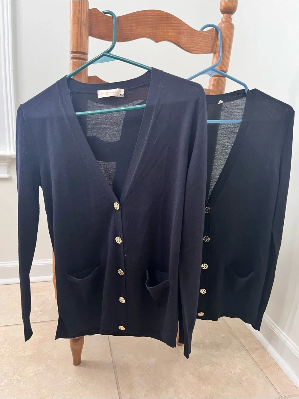 Set of 2 Tory Burch Merino Wool Blue/Black V-Neck Gold Button Cardigan Wmn’s SP